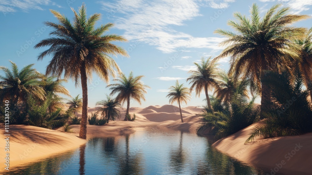Obraz premium Oasis Serenity: Palm Trees and Tranquil Waters in a Desert Paradise