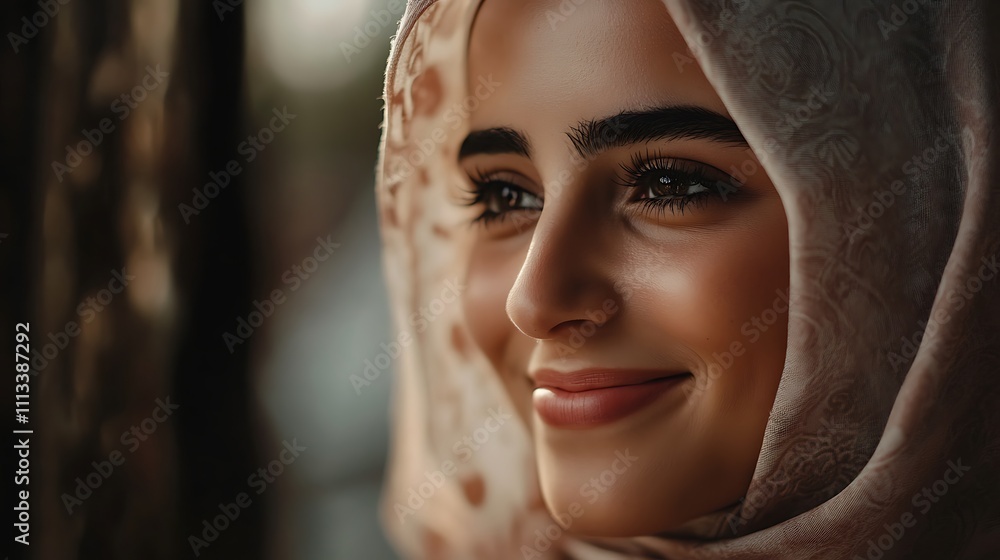 Close-up portrait of a smiling young woman wearing a hijab, looking to the side. Close-up portrait of a smiling young woman wearing a hijab, looking to the side.