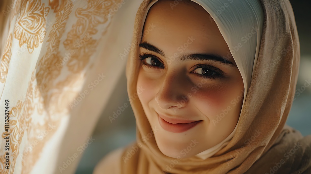 Close-up portrait of a smiling young woman wearing a hijab. Close-up portrait of a smiling young woman wearing a hijab.