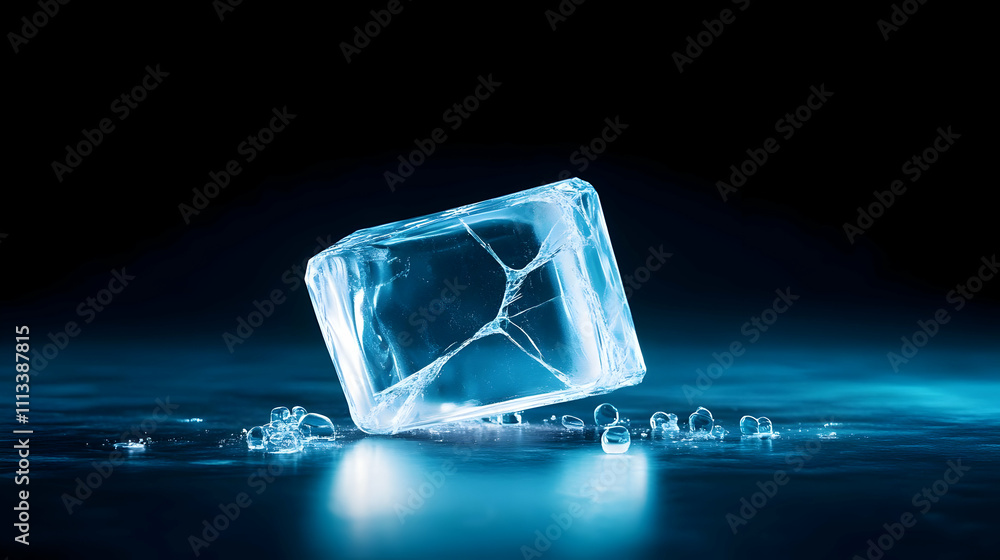 A cracked ice cube on a cool surface.