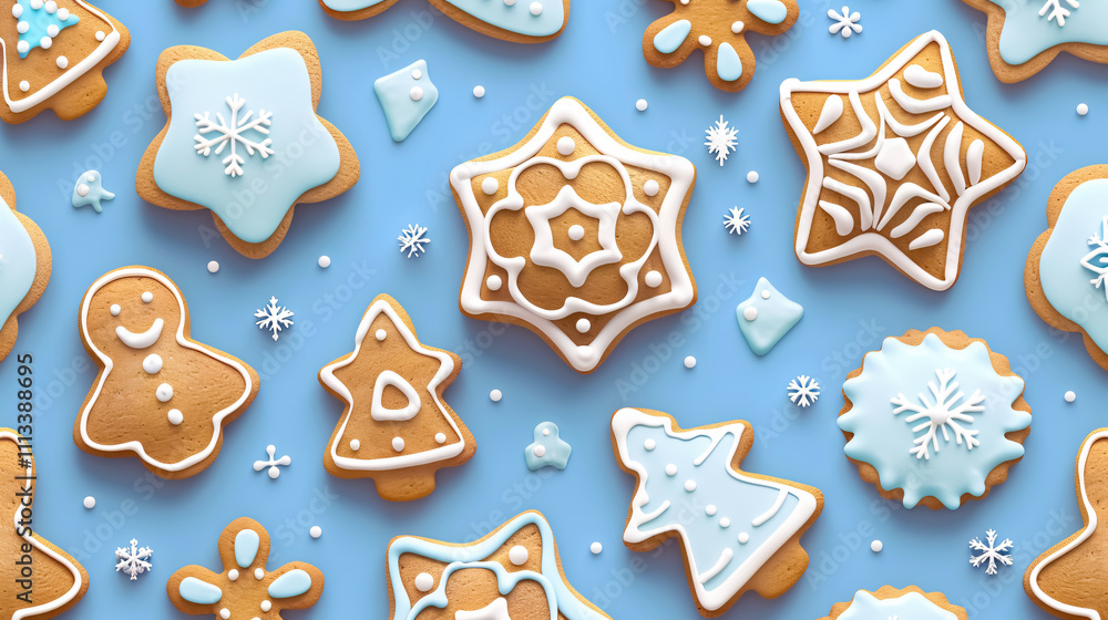 Christmas Cookie Pattern: Blue seamless background with winter holiday dessert ornaments. Gingerbread biscuit collection creatively arranged on a light surface. Christmas Cookie Pattern: Blue seamless background with winter holiday dessert ornaments. Gingerbread biscuit collection creatively arranged on a light surface.