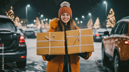 Preparation for winter holidays. Excited woman packing Xmas wrapped gift boxes into car trunk, standing at parking lot of shopping mall  photo