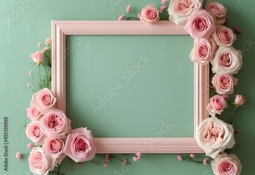 Pretty pink roses frame a blank green chalkboard wall