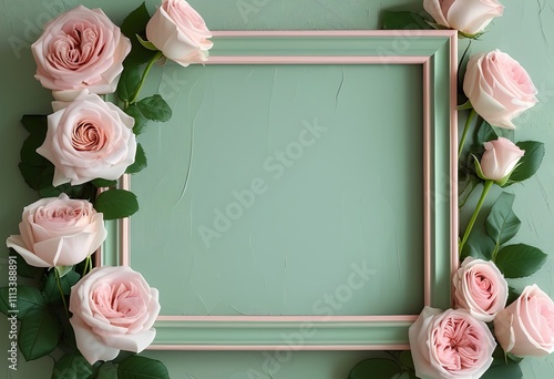 Pretty pink roses frame a blank green chalkboard wall