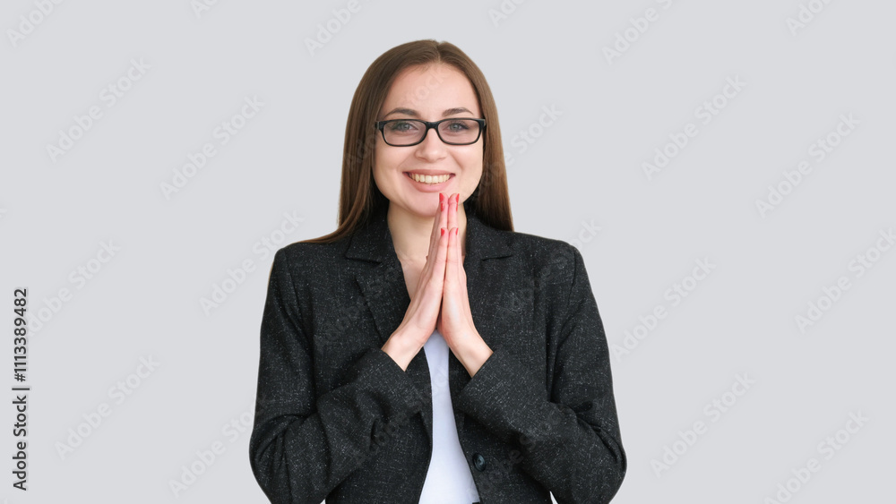 Job growth. Career development. Happy business woman clapping hands ready to get dream work position smiling isolated on light copy space background.