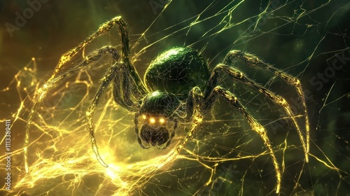 A glowing electric spider weaving a web of energy. photo