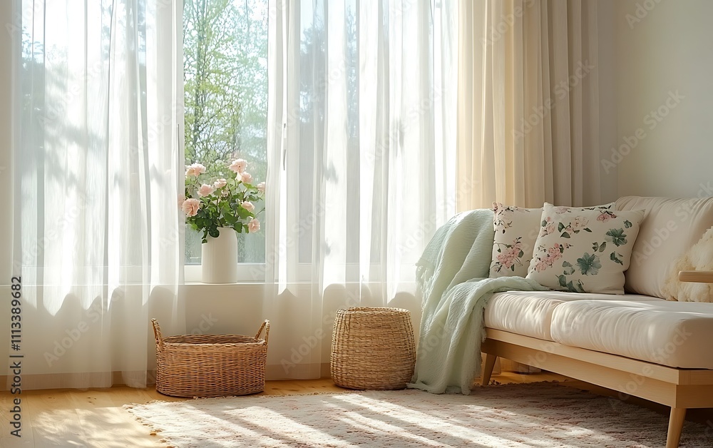 Fototapeta premium Sunlit living room with beige sofa, sheer curtains, roses, and woven baskets.