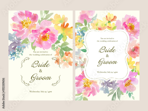Wedding invitation card design set with abstract wild roses, wild flowers and plants painted in watercolor. A hand-drawn card vector template set with flowers.