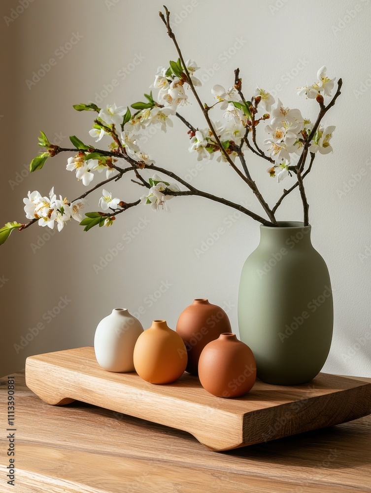 Elegant Still Life Composition with Ceramic Vases and Spring Blossoms on Natural Wood Surface Elegant Still Life Composition with Ceramic Vases and Spring Blossoms on Natural Wood Surface