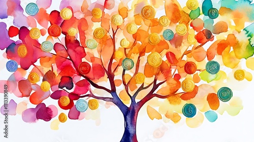 Colorful abstract watercolor painting of a tree with vibrant leaves and fruit.