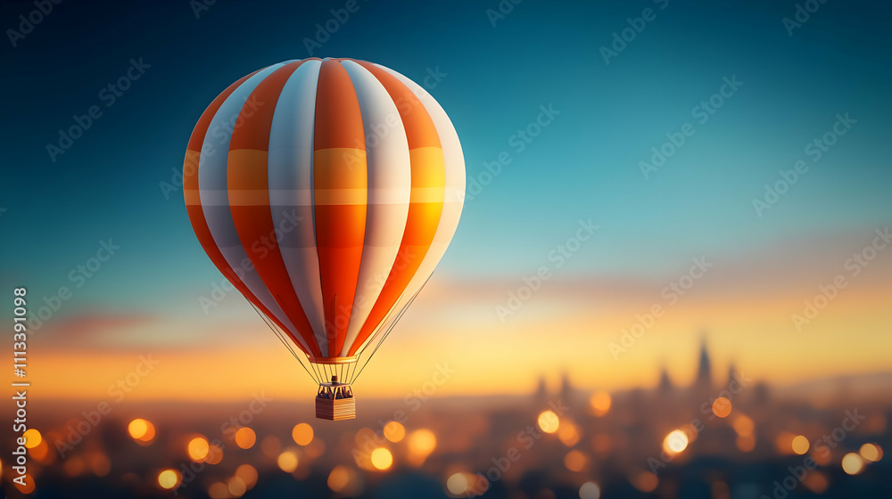 Fototapeta premium Colorful hot air balloon over a city skyline.
