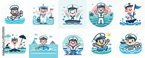 Vector Set of a Sailor in a Simple Flat Design Style