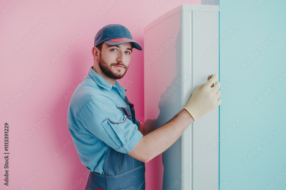 Young male technician with uniform working on refrigerator in bright setting. Generative AI Young male technician with uniform working on refrigerator in bright setting. Generative AI