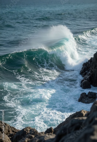 Ocean Wave Crashing on Rocky Coastline 