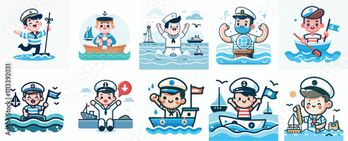 Vector Set of a Sailor in a Simple Flat Design Style