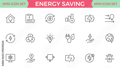 Energy Saving outline icon set with conservation, reduce waste, consumption, management, efficiency, gas emission and green house. Eco related icons Energy Costs, Power ConsumptionGreen House