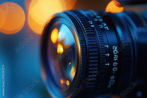 Close-up of a camera lens with bokeh lights. photo