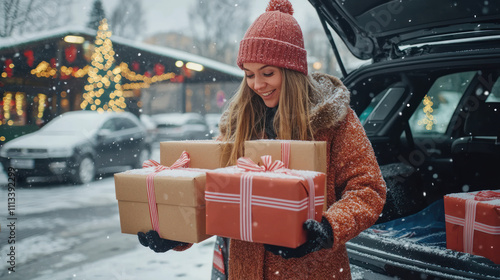 Preparation for winter holidays. Excited woman packing Xmas wrapped gift boxes into car trunk, standing at parking lot of shopping mall  photo