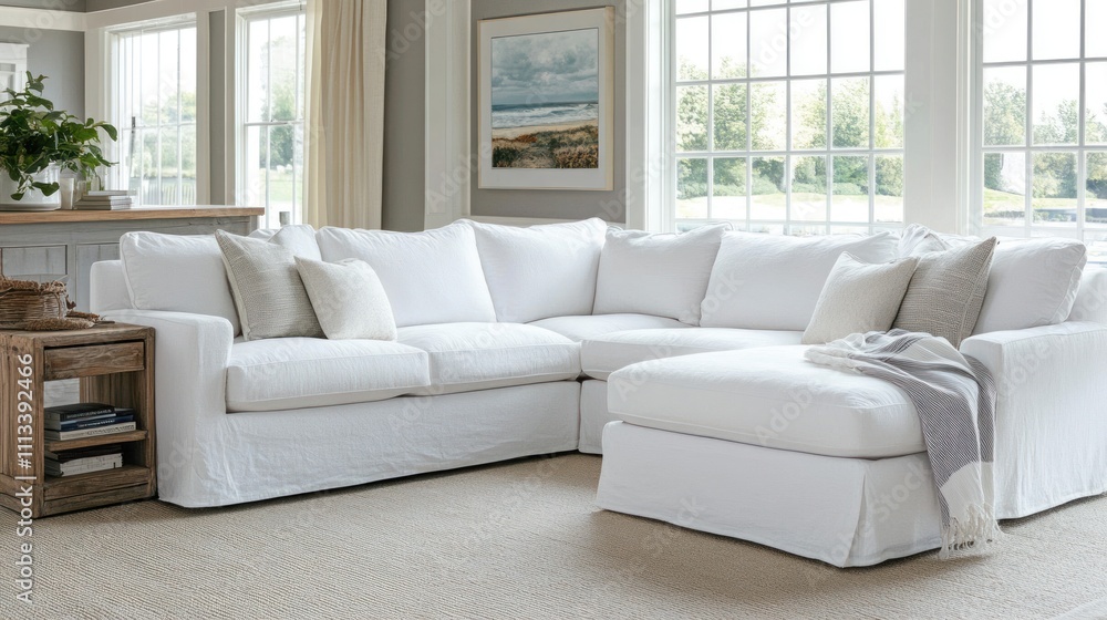 Fototapeta premium White Sectional Sofa In Bright Living Room