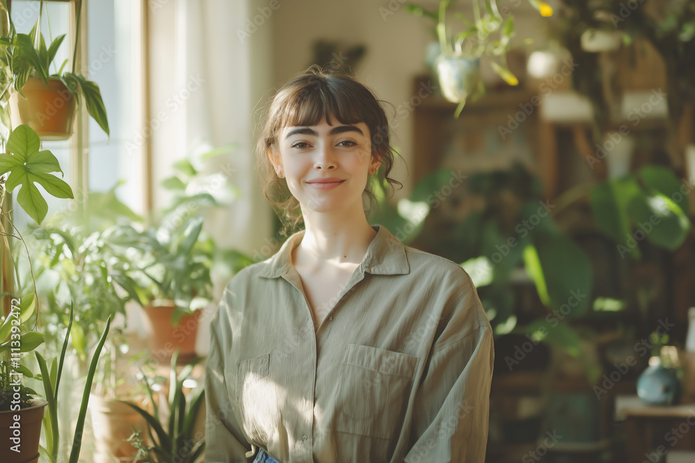 Smiling woman in a room full of plants during daylight hours. Generative AI Smiling woman in a room full of plants during daylight hours. Generative AI