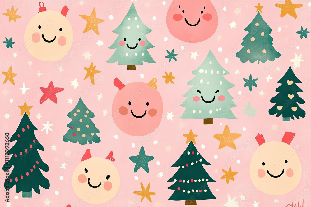 Playful Christmas Tree and Smiley Face Pattern on Pink Background Playful Christmas Tree and Smiley Face Pattern on Pink Background
