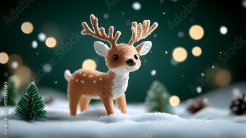 Cute reindeer figurine in snowy landscape.