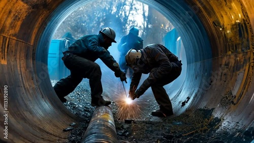 A team of welders working on a massive pipeline project for natural gas, using advanced internal welding techniques to ensure the safety and durability of the pipes photo