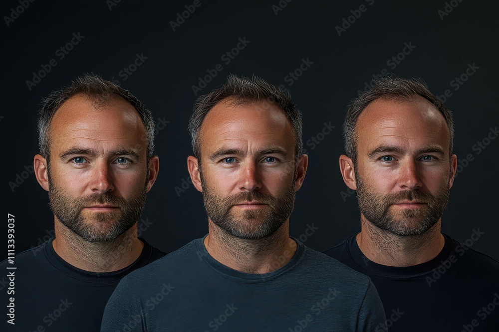 Obraz premium Englishman , 3 steps of hair growth product, first - before with thinning hair, second - partially healthy hair, third - after with healthy hair, realistic results