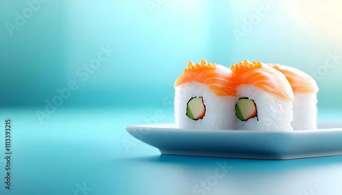 Delicious sushi on a blue plate. photo