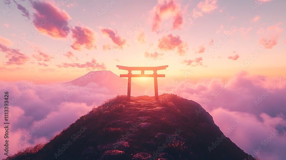 Torii gate atop mountain peak at sunset, clouds, serenity. Torii gate atop mountain peak at sunset, clouds, serenity.