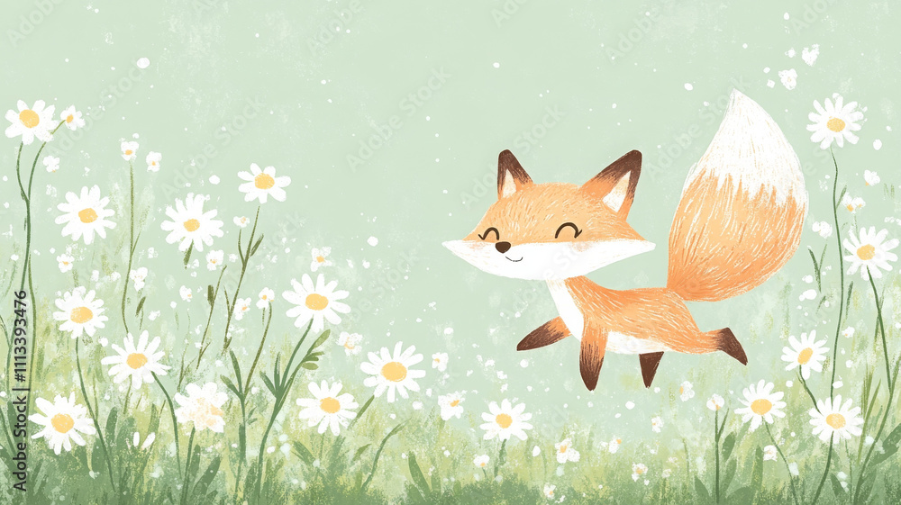 Fototapeta premium Charming cartoon fox running through field of daisies, joyful and playful