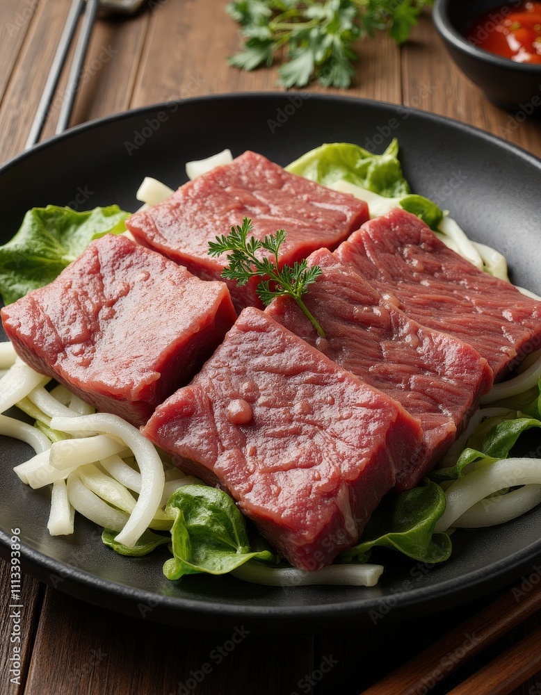 Raw Beef Cubes with Vegetables on Black Plate
Raw Beef Cubes with Vegetables on Black Plate