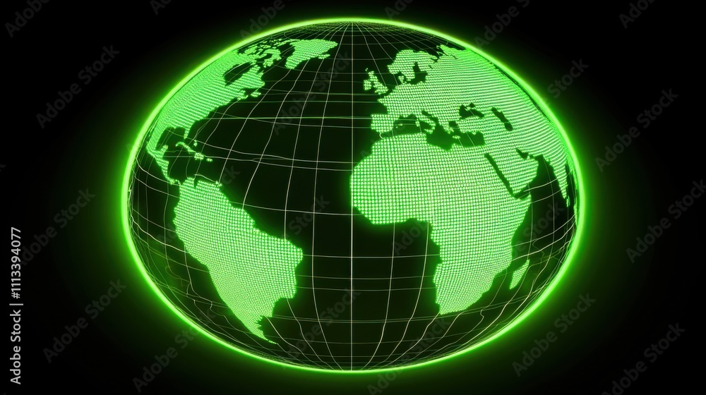 Green Digital Globe with Grid Lines and Dots Against Black Background Green Digital Globe with Grid Lines and Dots Against Black Background