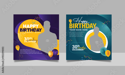 Birthday wishes social media post template, party invitation or greeting card, happy wedding anniversary celebration event square banner poster design set