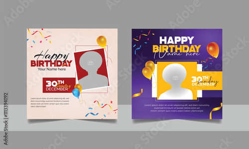 Birthday wishes social media post template, party invitation or greeting card, happy wedding anniversary celebration event square banner poster design set