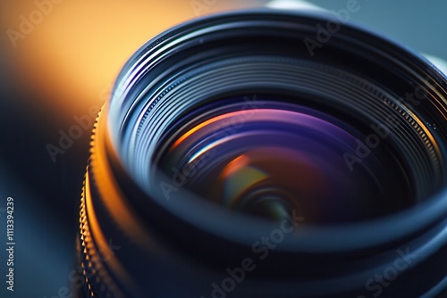 Close-up of a camera lens with warm light reflections. photo