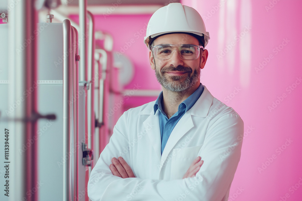Professional in a lab coat and safety gear poses confidently in a vibrant facility. Generative AI Professional in a lab coat and safety gear poses confidently in a vibrant facility. Generative AI
