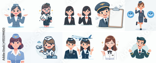 Vector Set of a Flight Attendant in a Simple Flat Design Style