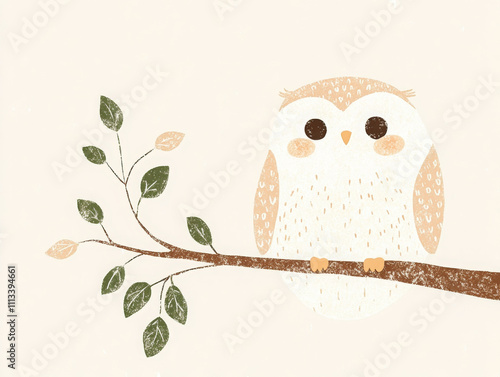 Sweet vintage illustration of baby owl perched on branch photo