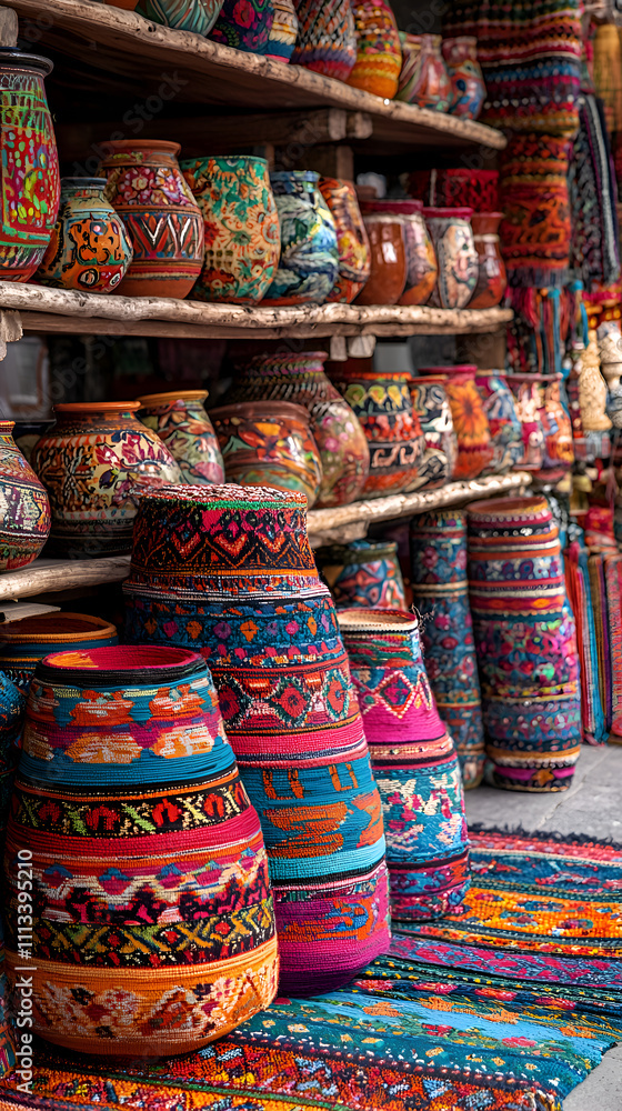 Vibrant Handcrafted Pottery and Artisanal Crafts Display in Colorful Market Vibrant Handcrafted Pottery and Artisanal Crafts Display in Colorful Market