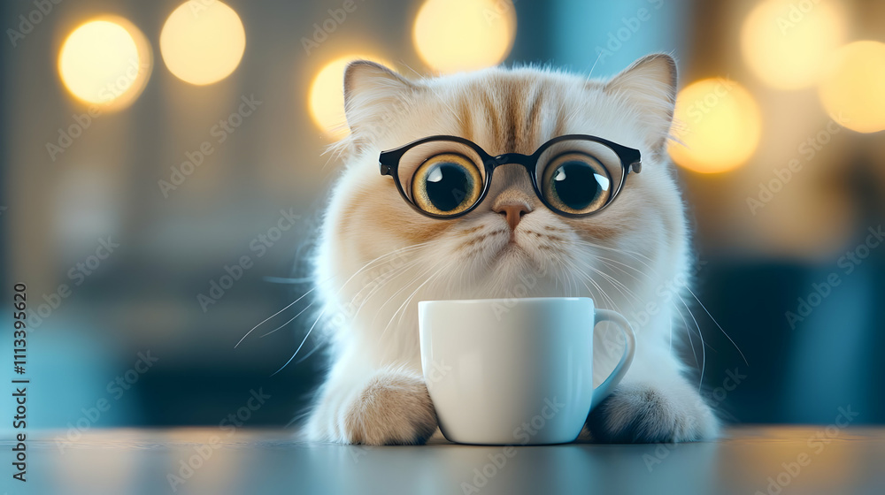 Fluffy cat with glasses and coffee cup. Fluffy cat with glasses and coffee cup.