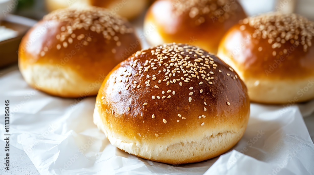 A classic burger bun, golden and fluffy with sesame seeds, artisan baking style, isolated on white background A classic burger bun, golden and fluffy with sesame seeds, artisan baking style, isolated on white background