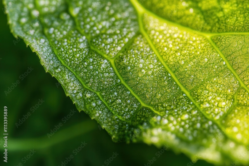 Close-up of a dew-covered green leaf showing intricate vein details and texture. Close-up of a dew-covered green leaf showing intricate vein details and texture.