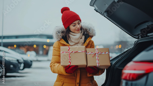 Preparation for winter holidays. Excited woman packing Xmas wrapped gift boxes into car trunk, standing at parking lot of shopping mall 