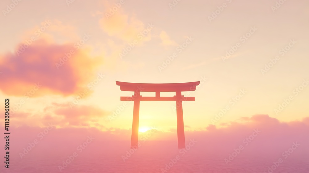 Serene sunset view with a torii gate silhouette. Serene sunset view with a torii gate silhouette.