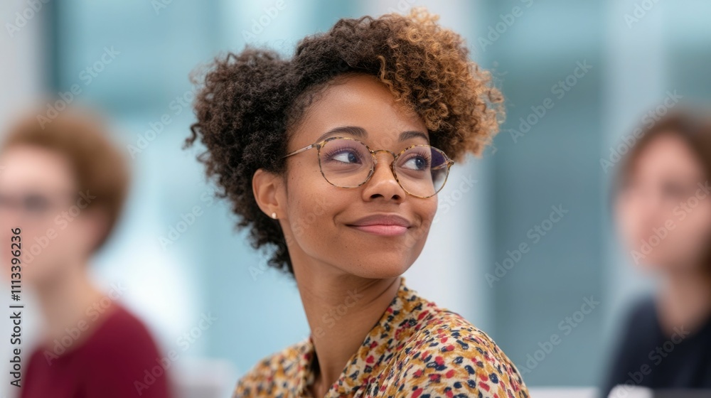 Confident and cheerful African woman with curly hair and glasses smiling and participating in an engaging discussion or presentation at a cross cultural community event or conference Confident and cheerful African woman with curly hair and glasses smiling and participating in an engaging discussion or presentation at a cross cultural community event or conference