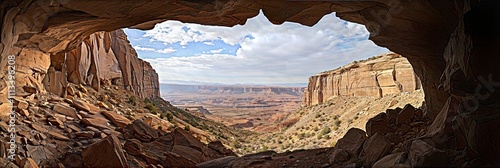 Desert Canyon View Framed by a Natural Rock Cave Opening, Highlighting Expansive Cliffs and a Vast Horizon