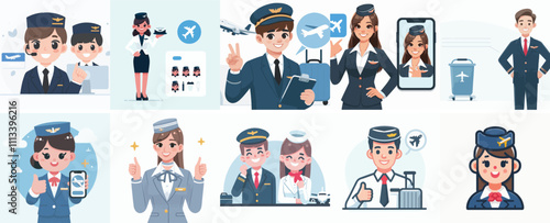 Vector Set of a Flight Attendant in a Simple Flat Design Style