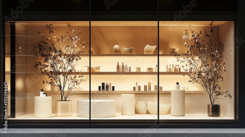 Chic storefront display featuring luxury cosmetics and minimalist decor