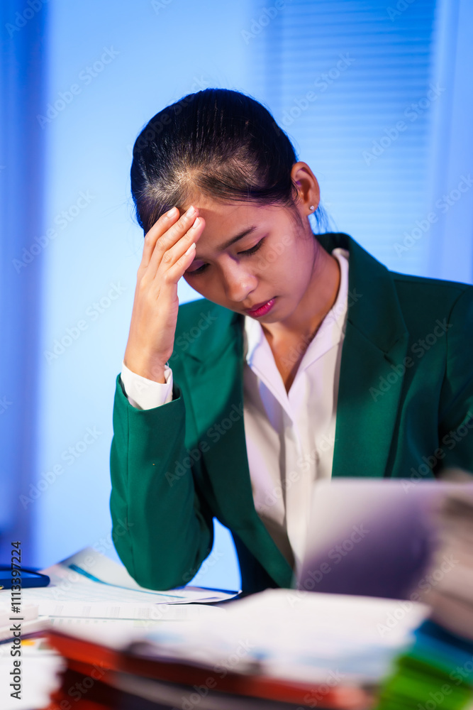 Asian business women often work late into the night, overwhelmed with stress, headaches, and migraines.Sitting for long hours at their desks causes office syndrome,leading to neck,shoulder,back pain Asian business women often work late into the night, overwhelmed with stress, headaches, and migraines.Sitting for long hours at their desks causes office syndrome,leading to neck,shoulder,back pain